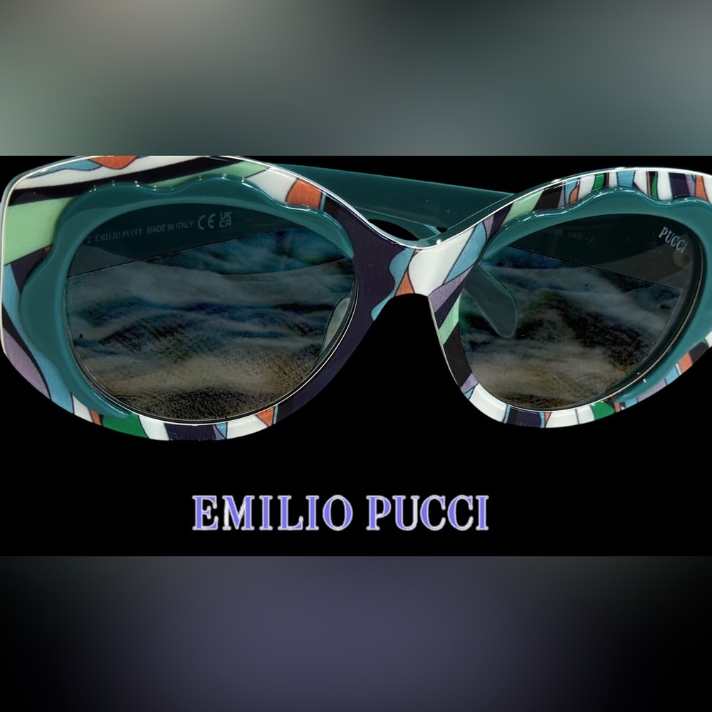 Emilio Pucci Multicolor Patterned Round Sunglasses w Teal Temples new with case! - Picture 5 of 9